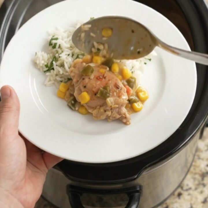 Creamy cheddar and green chile chicken thighs in a slow cooker, topped with melted cheese and corn.