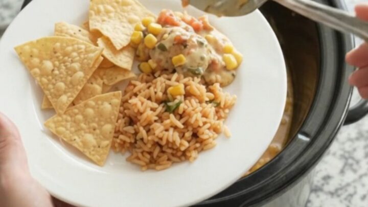 Slow cooker chicken thighs in a creamy pepper jack queso with green chiles and corn, served in the crockpot.