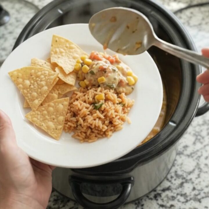 Slow cooker chicken thighs in a creamy pepper jack queso with green chiles and corn, served in the crockpot.
