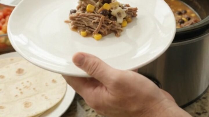 Slow cooker barbacoa with shredded beef, black beans, corn, and melted cheese in a black crockpot