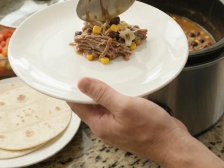 Slow cooker barbacoa with shredded beef, black beans, corn, and melted cheese in a black crockpot
