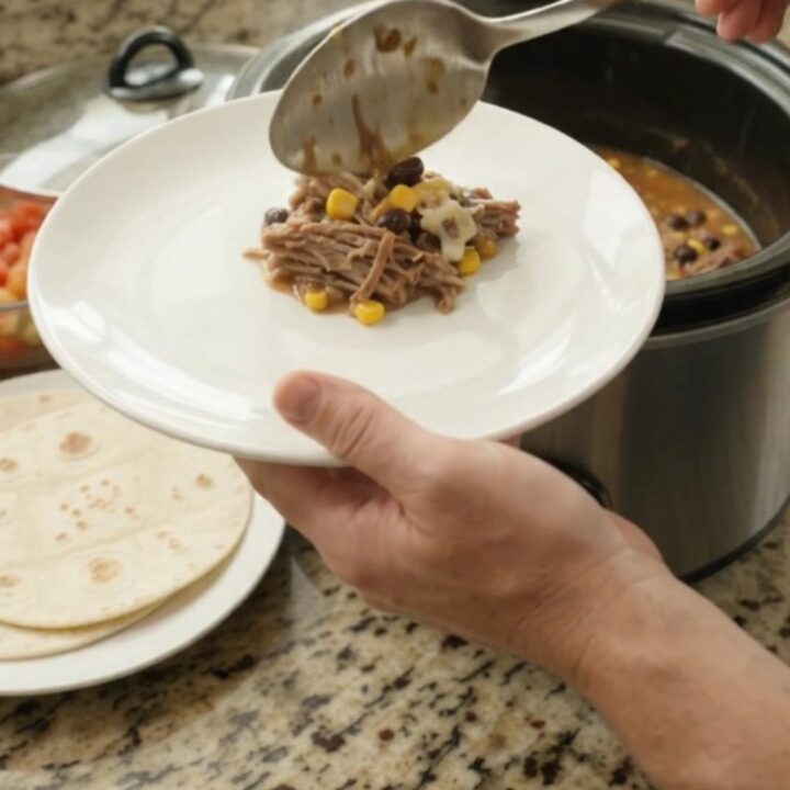 Slow cooker barbacoa with shredded beef, black beans, corn, and melted cheese in a black crockpot