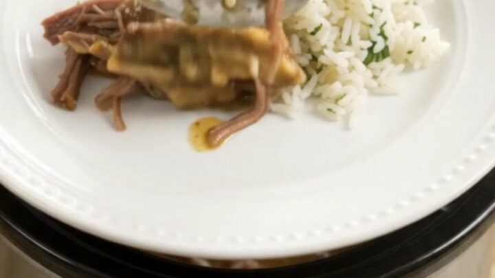 Shredded beef barbacoa in a slow cooker with creamy green sauce and melted cheddar