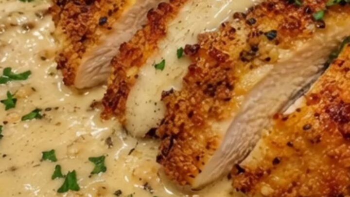 Golden bubbly parmesan crusted chicken breast sliced on an oval plate with velvety garlic sauce.