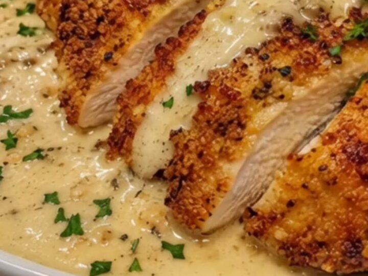 Golden bubbly parmesan crusted chicken breast sliced on an oval plate with velvety garlic sauce.