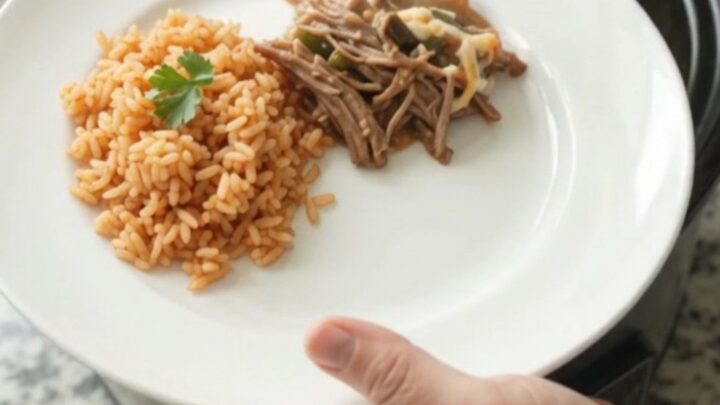 Slow cooker filled with shredded beef barbacoa, roasted poblanos, and melted Oaxaca cheese.