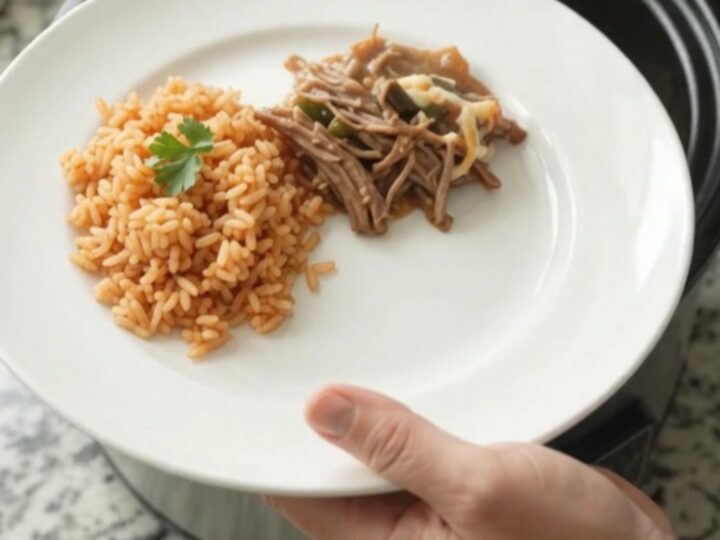 Slow cooker filled with shredded beef barbacoa, roasted poblanos, and melted Oaxaca cheese.