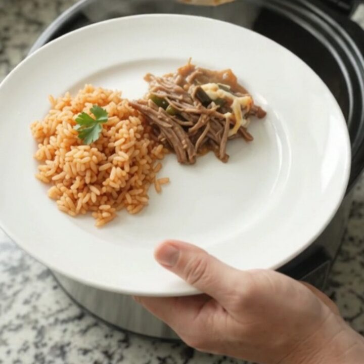 Slow cooker filled with shredded beef barbacoa, roasted poblanos, and melted Oaxaca cheese.