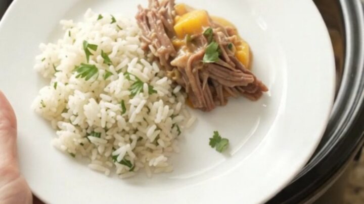 Shredded beef barbacoa in creamy mango habanero cheese sauce in a slow cooker