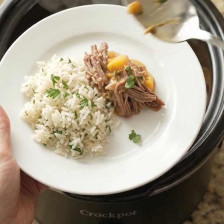Shredded beef barbacoa in creamy mango habanero cheese sauce in a slow cooker