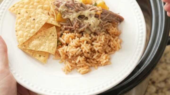 Shredded beef barbacoa in a slow cooker with creamy queso sauce