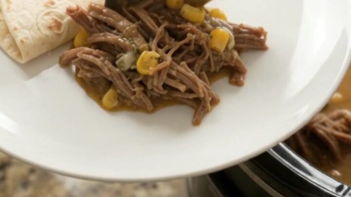 Shredded beef barbacoa in a slow cooker with creamy sauce, corn, and melted cheese