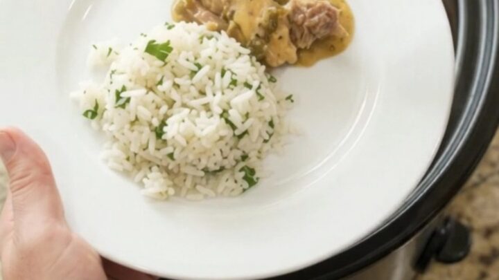 Slow cooker pork carnitas in creamy salsa verde queso sauce, served over cilantro-lime rice