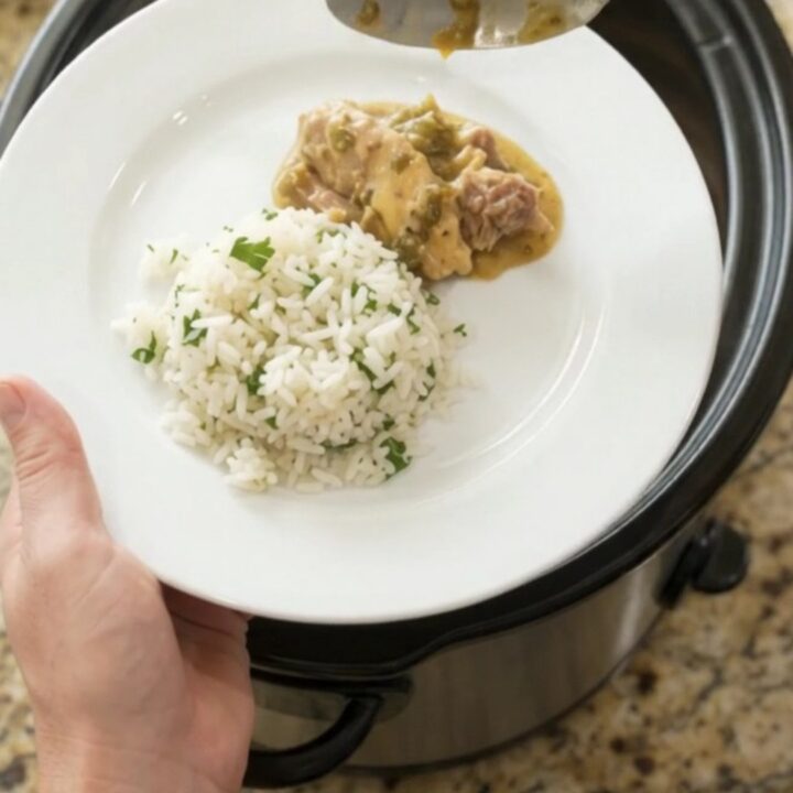 Slow cooker pork carnitas in creamy salsa verde queso sauce, served over cilantro-lime rice
