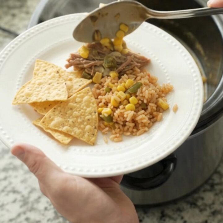 A slow cooker filled with shredded beef barbacoa in a creamy pepper jack queso sauce with corn and green chiles.