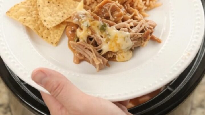 Slow cooker filled with shredded pork in red enchilada sauce and melted cheese, with a spoon lifting a bite.