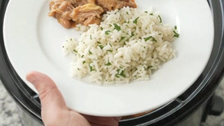 Slow cooker pork carnitas in a creamy red enchilada sauce with pinto beans, topped with melted cheddar and cream cheese