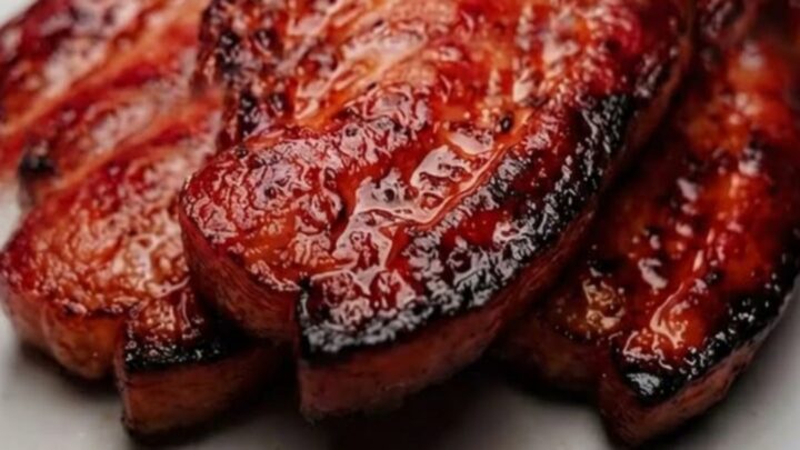 A close-up of thick, perfectly caramelized slices of glazed pork belly on a white plate.