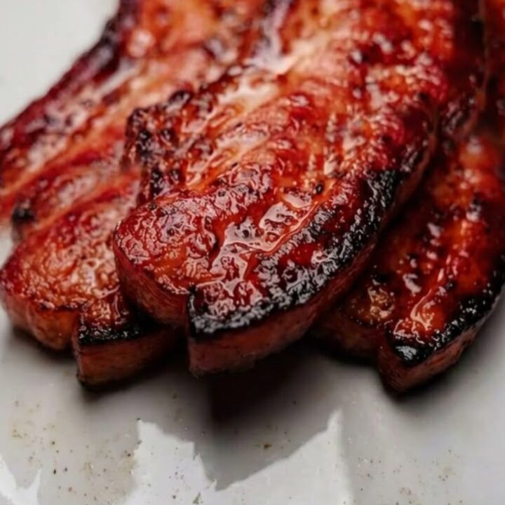 A close-up of thick, perfectly caramelized slices of glazed pork belly on a white plate.