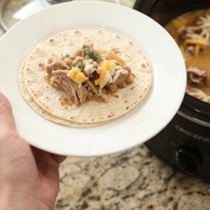 Slow cooker pork carnitas in creamy chipotle pineapple sauce, topped with melted cheese