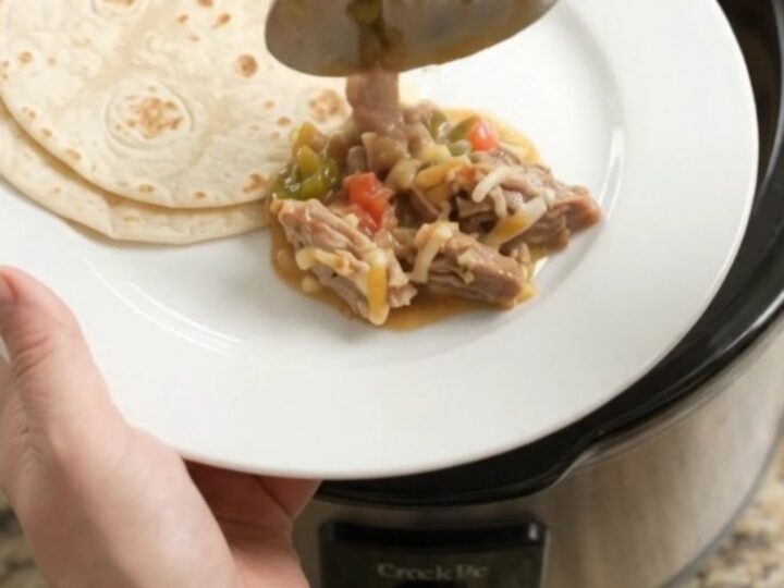 Slow cooker pork carnitas with creamy tomato-jalapeño sauce and melted Monterey Jack cheese.