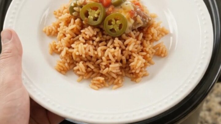 Bubbling slow-cooker pork carnitas with melted Oaxaca cheese and tomato-jalapeño sauce, topped with pickled jalapeños
