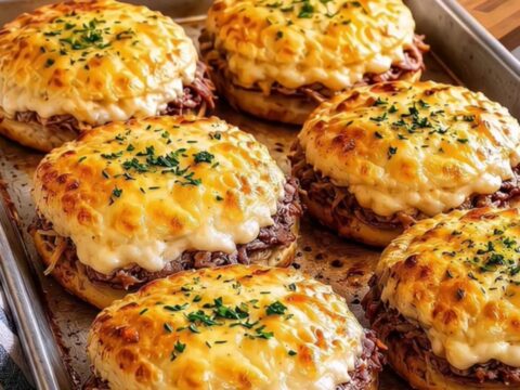 Close-up of a cheesy roast beef biscuit melt being pulled apart with visible steam and melted cheese.
