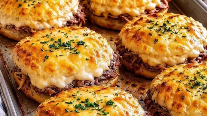 Close-up of a cheesy roast beef biscuit melt being pulled apart with visible steam and melted cheese.