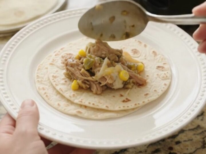 Slow cooker filled with creamy pork carnitas, corn, and green chiles, with melted cheese