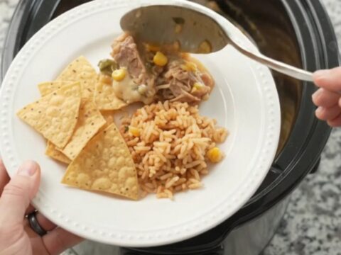 Slow cooker pork carnitas in creamy pepper jack queso sauce