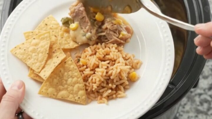 Slow cooker pork carnitas in creamy pepper jack queso sauce