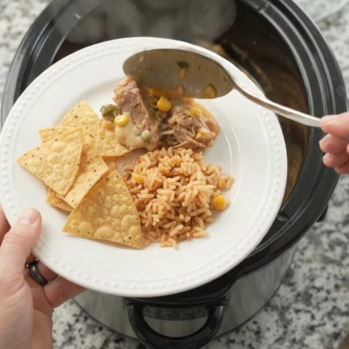 Slow cooker pork carnitas in creamy pepper jack queso sauce