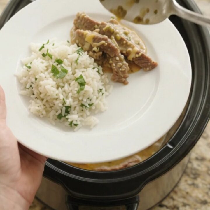 Crockpot with bubbling cheddar salsa verde sauce and tender skirt steak strips