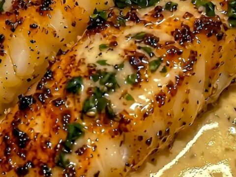 A close-up of tender, golden-seared fish fillets resting in a creamy white garlic herb sauce with steam rising.