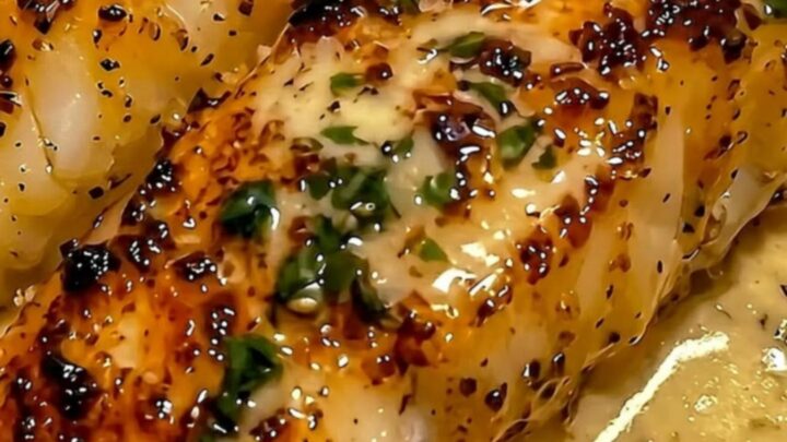 A close-up of tender, golden-seared fish fillets resting in a creamy white garlic herb sauce with steam rising.