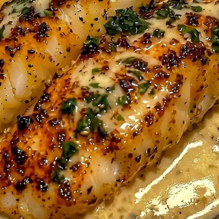 A close-up of tender, golden-seared fish fillets resting in a creamy white garlic herb sauce with steam rising.