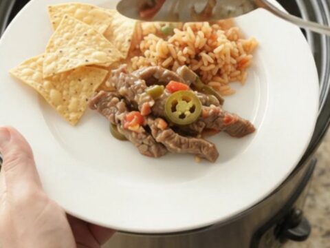 Slow-cooker skirt steak in creamy pepper jack sauce with tomatoes and jalapeños.