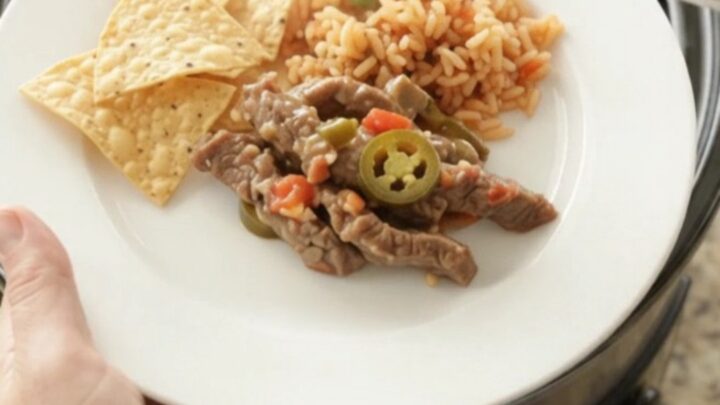 Slow-cooker skirt steak in creamy pepper jack sauce with tomatoes and jalapeños.