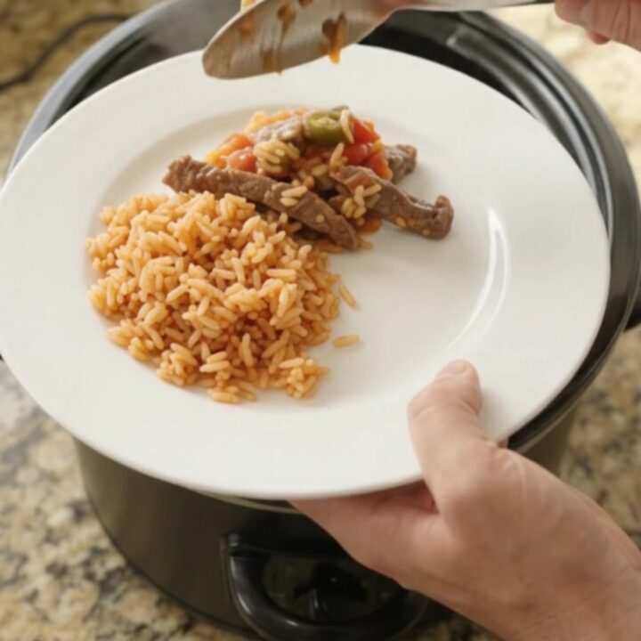Slow cooker with bubbling cheese and steak strips