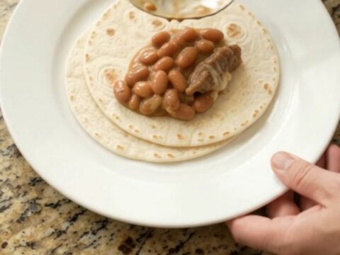 Slow cooker taco skirt steak with pinto beans and melted Monterey Jack, creamy sauce, served in a bowl