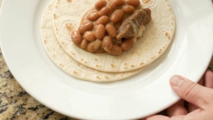 Slow cooker taco skirt steak with pinto beans and melted Monterey Jack, creamy sauce, served in a bowl