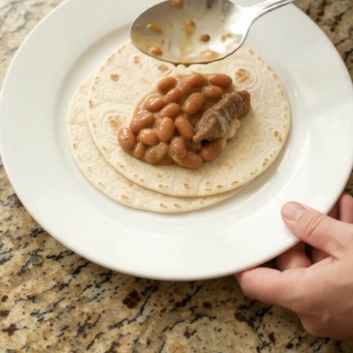 Slow cooker taco skirt steak with pinto beans and melted Monterey Jack, creamy sauce, served in a bowl