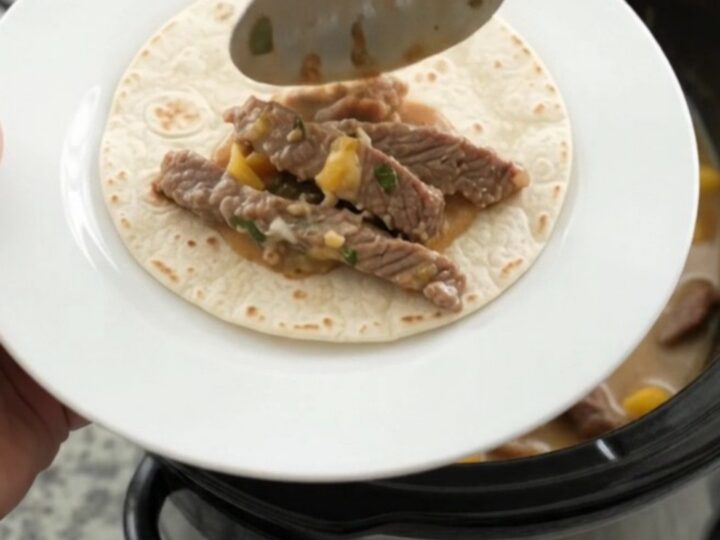 Slow cooker filled with shredded beef in creamy mango habanero sauce, topped with melted cheese and cilantro.