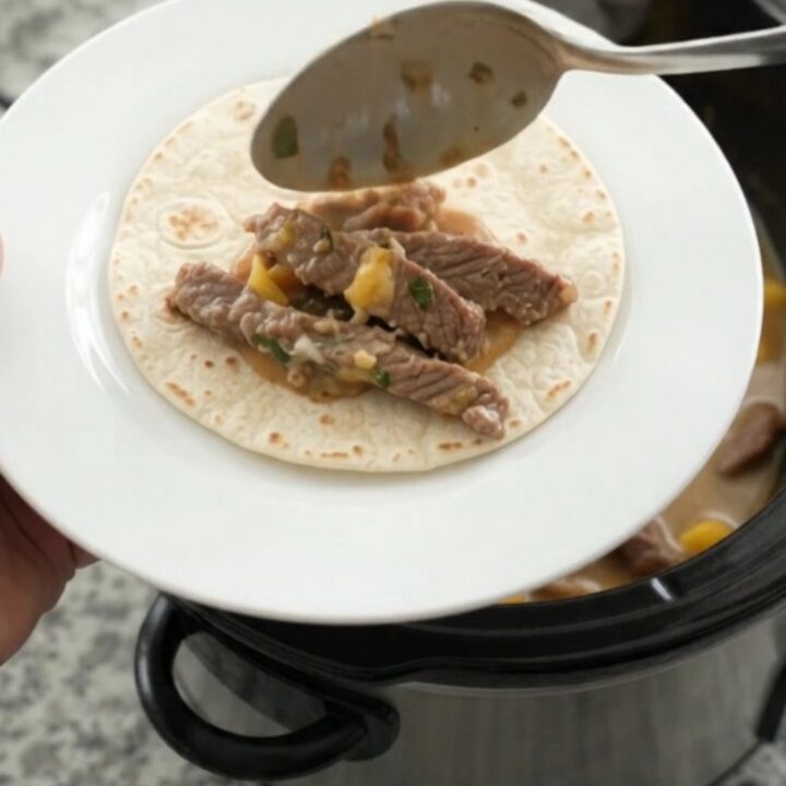 Slow cooker filled with shredded beef in creamy mango habanero sauce, topped with melted cheese and cilantro.
