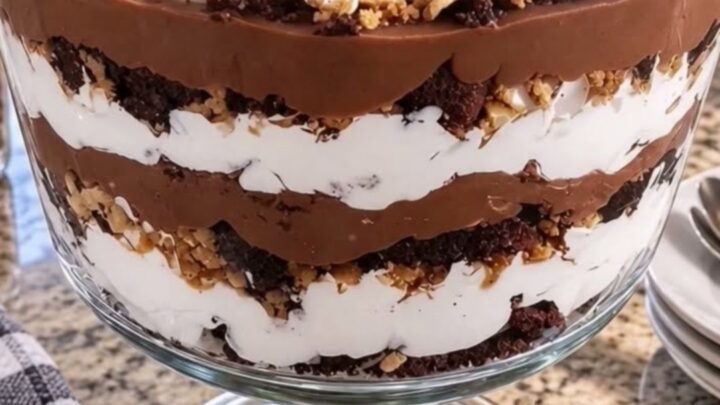 A glass trifle bowl filled with layers of brownies, chocolate pudding, caramel, and whipped cream