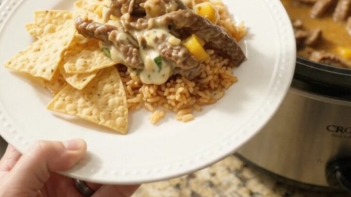 Slow cooker skirt steak with mango habanero sauce and melted cheese in a crockpot