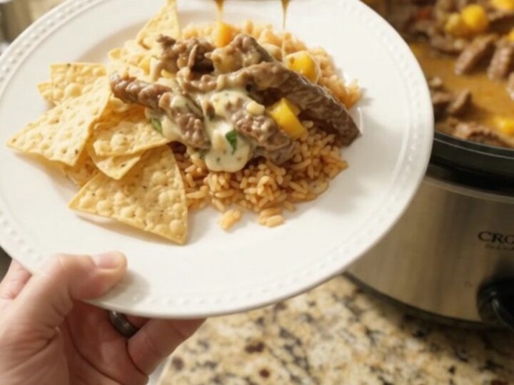 Slow cooker skirt steak with mango habanero sauce and melted cheese in a crockpot