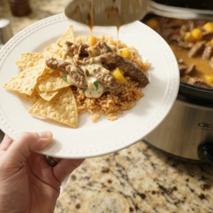 Slow cooker skirt steak with mango habanero sauce and melted cheese in a crockpot