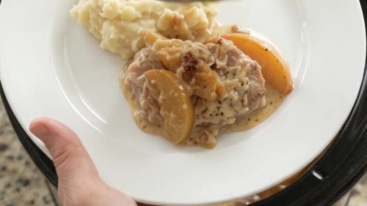 Crockpot full of tender pork chops with apples and creamy Gruyère sauce, bubbling and glistening.