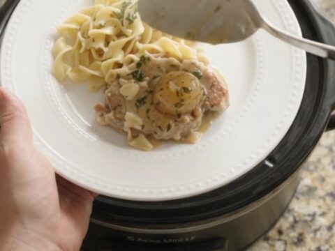 Slow cooker sour cream garlic herb pork chops with potatoes in creamy gravy